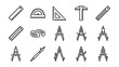 © MostJannatunNesa - Set of 15 Minimalist Line Art Icons Featuring Mathematical Drafting Tools, Geometry Instruments, Rulers, Protractors, Set Squares, and Precision Compasses for Engineering and Technical Drawing