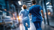 © Kateryna - Defocused doctors nurses running in hospital emergency corridor patient crisis or pager call in ICU stress trauma situation medical hallway rush to code blue problem