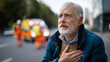 © Kateryna - Faceless elegant senior man with heart attack symptoms sitting on road emergency medical service workers trying to help driver assistance service cardiac crisis urgent care