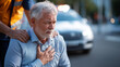 © Kateryna - Faceless elegant senior man with heart attack symptoms sitting on road emergency medical service workers trying to help driver assistance service cardiac crisis urgent care