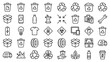 © Amit - Comprehensive Set of 30 Minimal Monoline Outline Icons for Recycling and Waste Sorting, Featuring Paper, Plastic, Glass Bins, Recycling Symbols, Cardboard Boxes, Aluminum Cans, and Garbage Trucks.