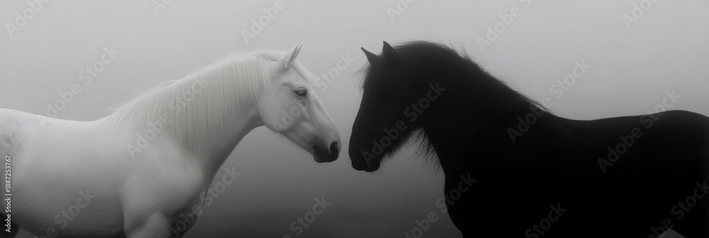 Black and white horses connecting in a minimalist concept. Two horses ...