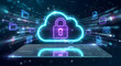 © solom - secure cloud computing concept with glowing neon padlock inside cloud icon on digital tablet for data protection server privacy storage safety and network cybersecurity