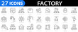 © vectorsanta - Factory 27 icon set. Production, machine, industry, warehouse, distribution, packaging, automation, product and more. Editable stroke. Vector illustration