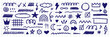 © AnyaLi - Chalk kids scribble elements, crayon blue pen shapes doodle set. Pencil underlines, check marks, arrows and stars in sketch style. Hand drawn illustration on white checkered notebook paper background
