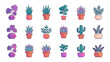 © Anik - Modern Gradient Indoor Plant Vector Icon Set Featuring Potted Houseplants Like Monstera, Cactus, Succulents, and Snake Plants in Stylish Pots, Arranged in a Grid on a Clean White Background.