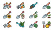 © Anik - Collection of 12 vibrant gardening sticker icons featuring shovels, trowels, hand forks, and scoops with plants, flowers, carrots, tomatoes, and succulents in a neat grid for creative projects.