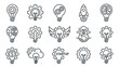 © Anik - Collection of 15 minimalist line art icons for business startups and innovation. Features lightbulbs, gears, rockets, brains, handshakes, and growth symbols in a clean grid for creative projects.