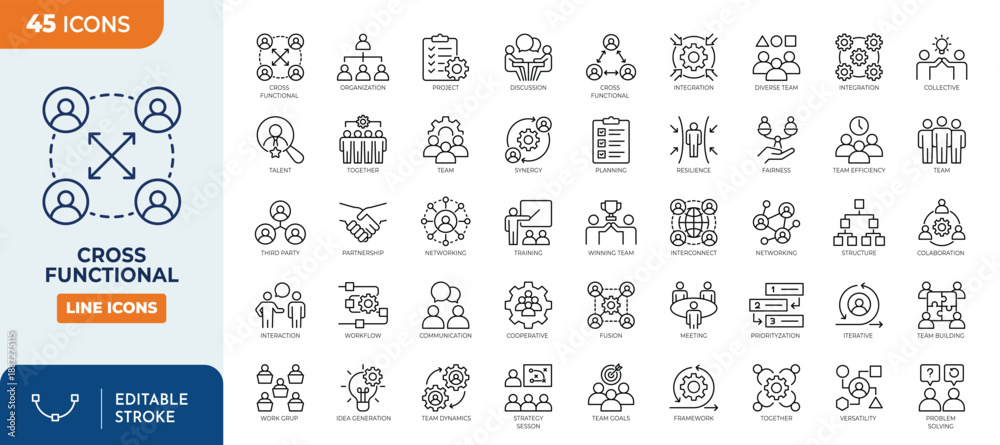 Cross functional line editable icon set. Containing collaboration, teamwork, cooperation, synergy, training, project, management, and more. Editable stroke. Vector illustration