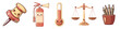 © Lek - Assorted Objects Illustration: An artful array of charming illustrations presents a thumb tack, fire extinguisher, thermometer, justice scale, and a collection of pencils.