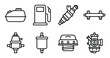 © GoDesigner - Fuel system components icons set including tank gas station pump injector carburetor and fuel filter