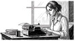 © Lang - Elegant vintage female author sitting at an antique desk using a manual typewriter for creative journalism and historical literature writing in a classic hand-drawn charcoal sketch style.