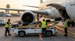 © SceneStockHub - Ground crew handling luggage loading process at airport,baggage being transferred via conveyor to aircraft cargo hold,air travel and transport logistics concept
