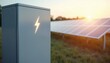 © Дмитрий Мишанкин - Modern energy storage battery with lightning icon placed near solar panels in outdoor setting