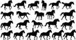 © Rokeya - Collection of running horse silhouettes in dynamic poses showing strength and motion, equestrian animals in black and white illustration set for design and wildlife concepts
