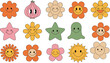 © Tohidul - Cute smiling flowers and characters illustration set kawaii floral faces sun star ghost icons colorful playful vector collection for kids design