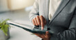 © WesJVR/peopleimages.com - Business, hands and man with tablet, go green for sustainability and eco friendly. Person, professional and employee in office, tech and research for conservation and digital app for renewable energy
