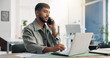 © WesJVR/peopleimages.com - Laptop, phone call and businessman in office with communication for finance deal with client. Computer, cellphone and male financial advisor on mobile discussion for investment proposal in workplace.