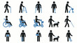 © Ghulam - Mobility Aid & Accessibility Icon Set – 16 Black-and-Blue Figures Featuring Assistive Devices for Disability Awareness, Healthcare, and Inclusive Design Use