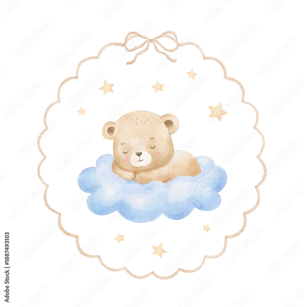 Cute watercolour sleeping bear on cloud with stars perfect for cards ...