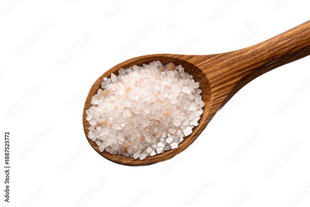 Coarse sea salt or Himalayan salt in a wooden scoop, top view. Isolated on transparent background, png
