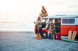© JamDay/peopleimages.com - Beach, friends and thinking on holiday, van and bonding on adventure, road trip and relax in nature. Outdoor, space and people on summer vacation with vehicle, travel and calm on break or reflection