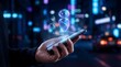 © Aqeela - Hand holding a smartphone projecting a glowing holographic artificial intelligence chatbot interface