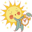 © MdShamimAhmed - Cartoon sun in pajamas holding alarm clock, morning, wake up, sleep concept