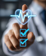 © Aom - Professional healthcare concept, a doctor touching a digital heart and heartbeat interface with healthcare checklist icons with two check marks. Represents medical technology, health monitoring