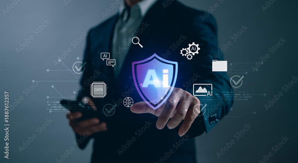 AI security concept, businessman protecting digital data using ...