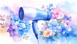 © Moh Bintara Yuda - A delicate watercolor artwork featuring a modern hairdryer nestled among blooming pastel flowers, embodying beauty, hair care, and artistic grace