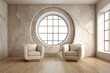 © Her - Two modern chairs sit in a bright room with a large circular window.