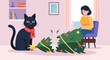 © Paulo - A black cat with a red scarf sits next to a broken Christmas tree