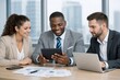 © diproduction - Professional team collaborating on digital tablet and laptop in modern office setting during business meeting on strategy and analysis concept. Ai generative