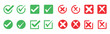 © AI Creatives - Check mark icon set. Check box icon with right and wrong buttons and yes or no checkmark icons in green tick box and red cross. Isolated checkmark symbol, right and wrong sign concept.