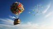 © VisualCraft - Whimsical house lifted by colorful balloons in the sky.