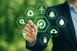 © diproduction - Businessman interacts with eco-friendly green energy icons on virtual screen representing sustainability and environmental innovation concept. Ai generative