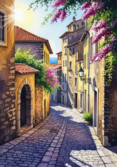  Charming watercolor painting of a sun-drenched cobblestone street in an old European town with vibrant bougainvillea cascading down buildings