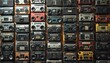 © miss irine - Wall displays many old boomboxes from the eighties. Different brands and styles of portable audio players fill shelf space. Vintage music gadgets create a retro vibe, offering old school sound.