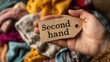 © Irina Ukrainets - A close-up of a hand holding a tag labeled second hand. This image showcases the concept of eco-friendly fashion and thrift shopping. It captures the essence of sustainability. AI