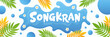 © Marina - Songkran water festival banner with blue splashes and tropical leaves on white background for Thailand.