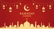 © Shabbir - Ramadan Kareem greeting card with golden lanterns, stars, crescent moon, and mosque silhouette on a vibrant red background, Islamic holy month celebration banner design.