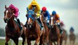 © Vadym - Jockeys and racehorses compete closely on a turf track. Four horses with colorful headbands gallop forward at high speed. Riders in vibrant silks urge their mounts toward the finish line.