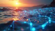 © Vadym - Glowing digital network overlays ocean waves during sunset. Futuristic technology blends with natural sea scenery. Blue lights connect across water surface reflecting orange sky.