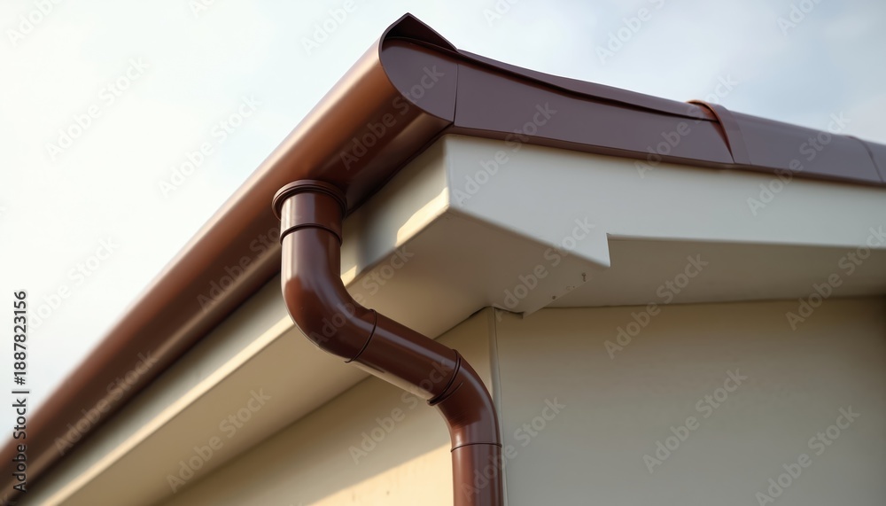 Brown PVC gutter system on house roof edge. Sloping rooftop detail with ...