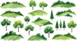 © Azad - Collection of watercolor painted green landscape elements including rolling hills trees and stylized forest borders for nature design