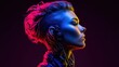 © Yevheniiya - Vibrant portrait of a futuristic woman, illuminated by neon lights and advanced enhancements.