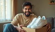 © Pete - Happy young Indian man laughs holding new white sneakers. He smiles receiving parcel with shoes for domestic purchase. Guy enjoys new footwear from online store. Satisfaction with delivered gift.