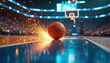 © Pete - Basketball rests on shiny court, sparks fly, dynamic arena game. Athletes compete in intense match under bright stadium lights. Fans cheer for players in exciting sports competition.