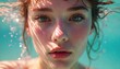 © Pete - Woman submerged in clear blue water her face serene and lit by sunlit shadows. Bubbles float around her as light plays on her wet skin. She looks forward with calm green eyes.